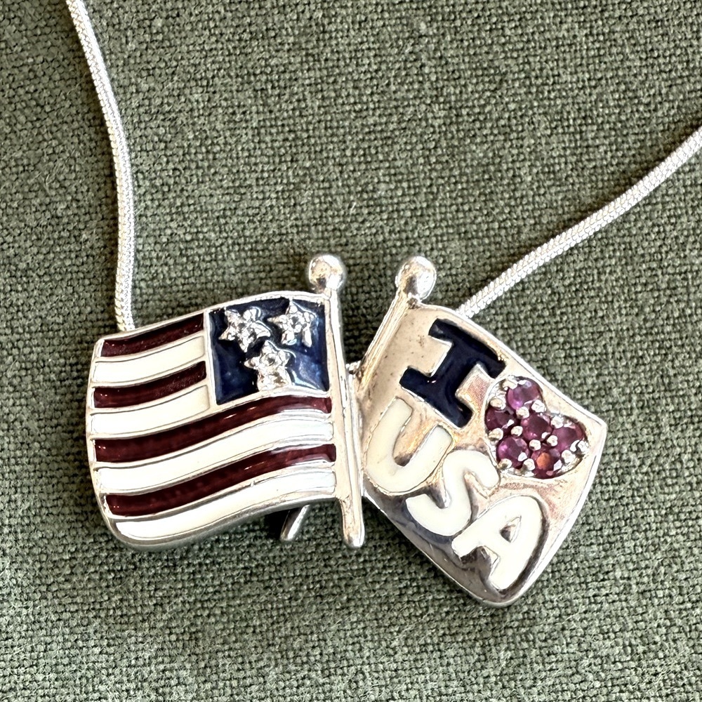 Ruby Sterling USA Flag Necklace with New 20” .925 necklace.